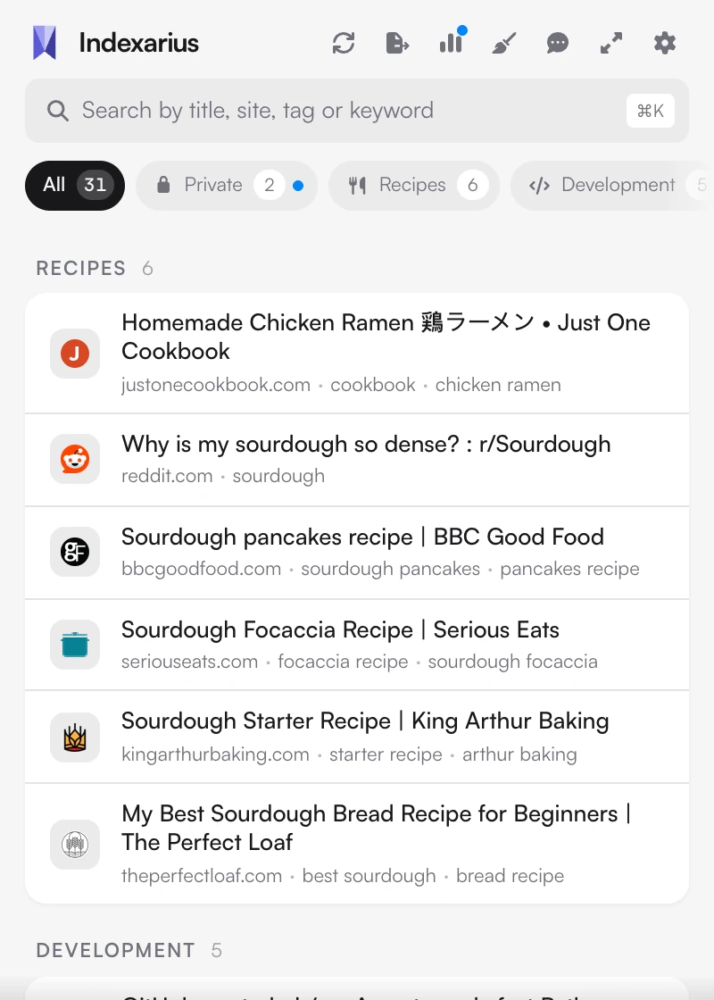 Saving a recipe; Indexarius files it under Recipe and it shows up in search